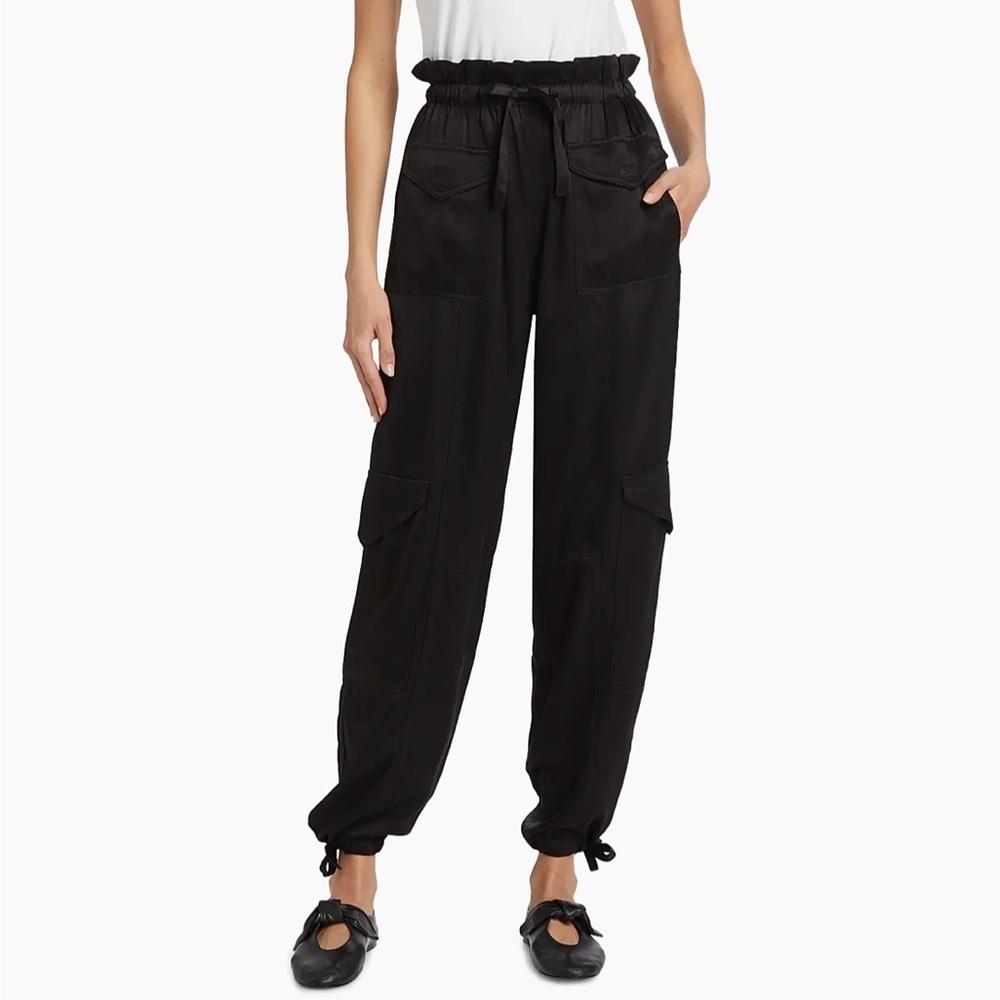 NWT Ganni 2 Washed Satin Cargo Pants in Black